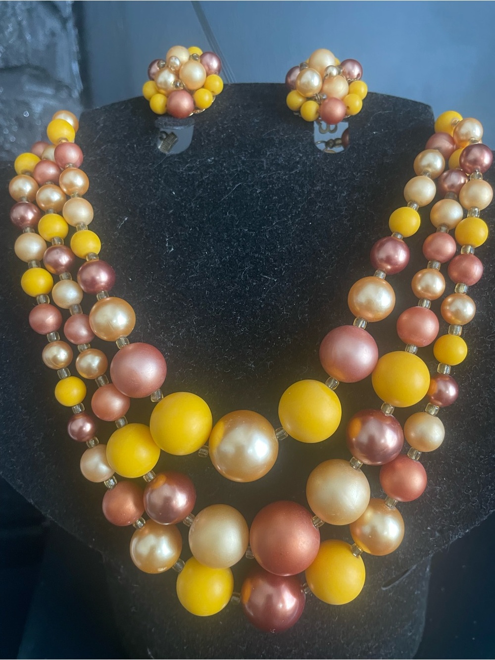 Vintage Yellow & Rose Gold Multi-Strand Bead Necklace with Clip Earrings